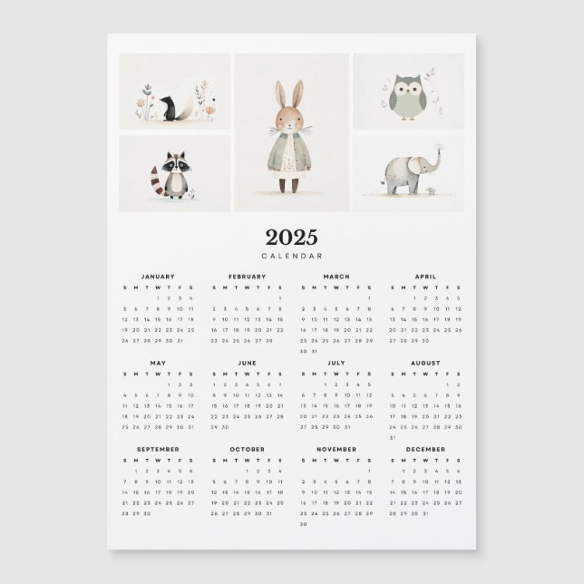 Whimsical Animal Boho Minimal 2025 Magnet Calendar (Front)