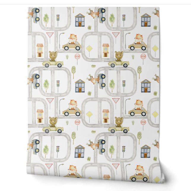 Whimsical Animal Drivers Road Map Nursery  Wallpaper (Unrolling)