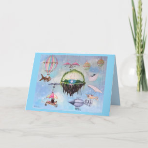 Whimsical Animals in Flying Machines Art Card