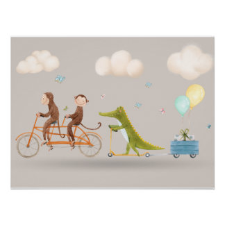 Whimsical Animals on Bicycle Nursery Wall art 