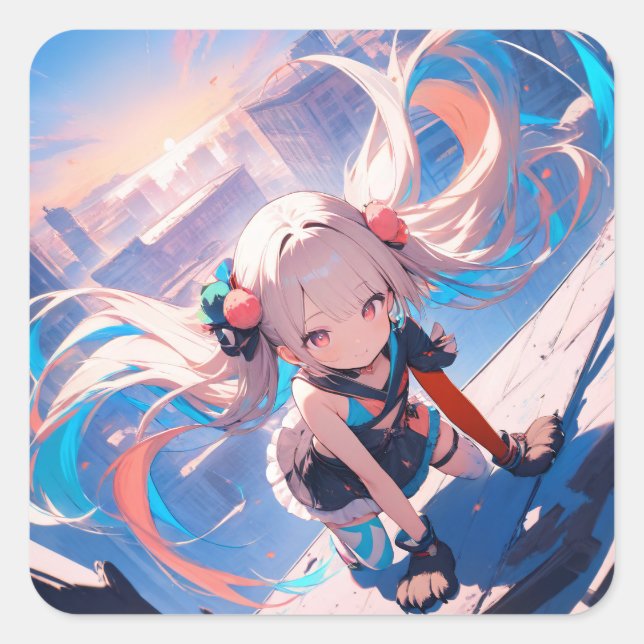 Whimsical Anime Girl in Motion Square Sticker (Front)