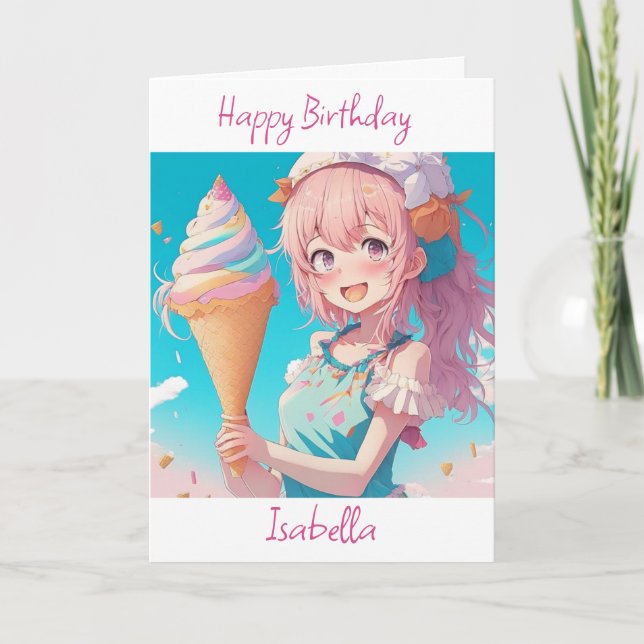 Whimsical Anime Girl with Ice Cream Cone Birthday Card (Front)