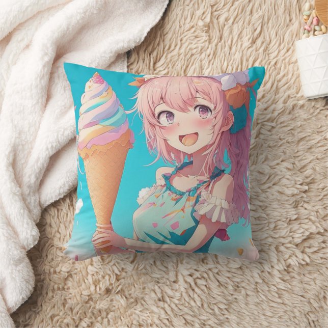 Whimsical Anime Girl with Ice Cream Cone Cushion (Blanket)