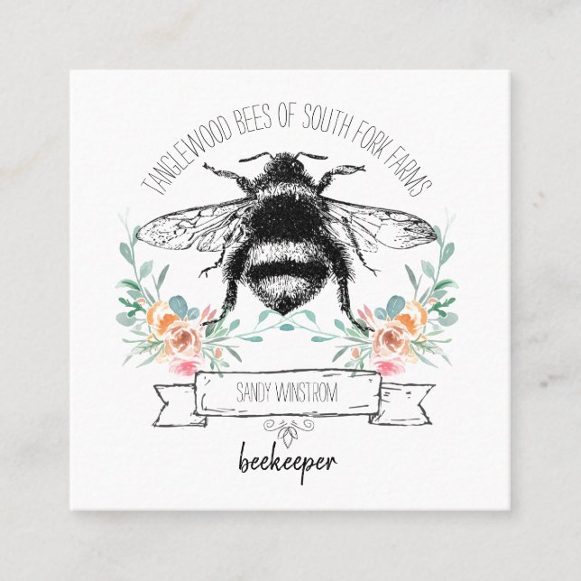 Whimsical Apiary Elegant Honey Bee Logo Beekeeper Square Business Card (Front)