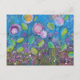 Whimsical art, bright flowers in beautiful garden. postcard