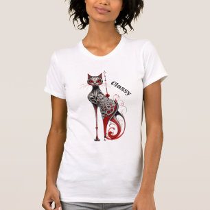 Whimsical Art Deco Celtic Cat Red White T-Shirt