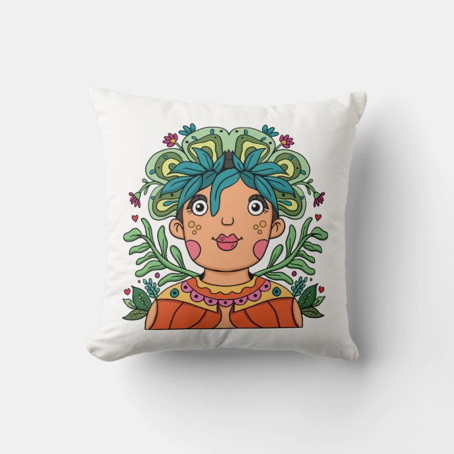 Whimsical Art Girl with Floral Crown Cushion (Front)