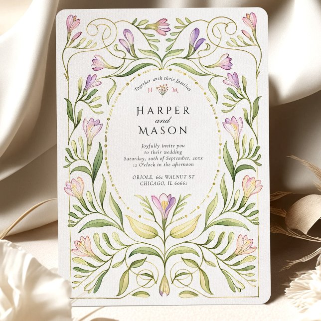 Whimsical Art Nouveau Freesias Gold Wedding Invitation (Creator Uploaded)