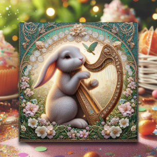 Whimsical Art Nouveau Musician Rabbit Easter Holiday Card