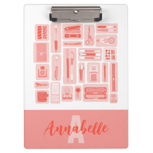 Whimsical Art Supplies Coral Red Pattern Monogram Clipboard