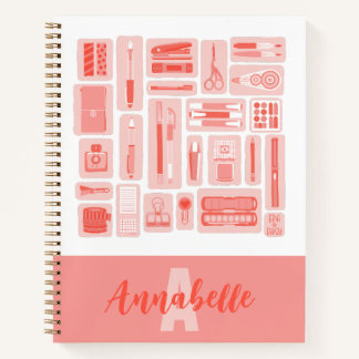 Whimsical Art Supplies Coral Red Pattern Monogram Notebook