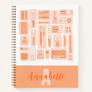 Whimsical Art Supplies Orange Pattern Monogram Notebook