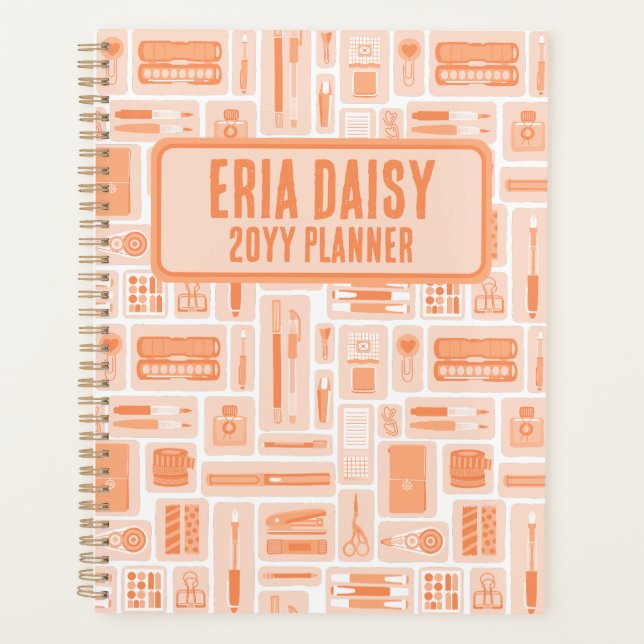 Whimsical Art Supplies Pattern Peach Orange  Planner (Front)