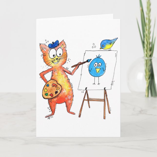 Whimsical Artist Cat Painting a Bird Card (Front)