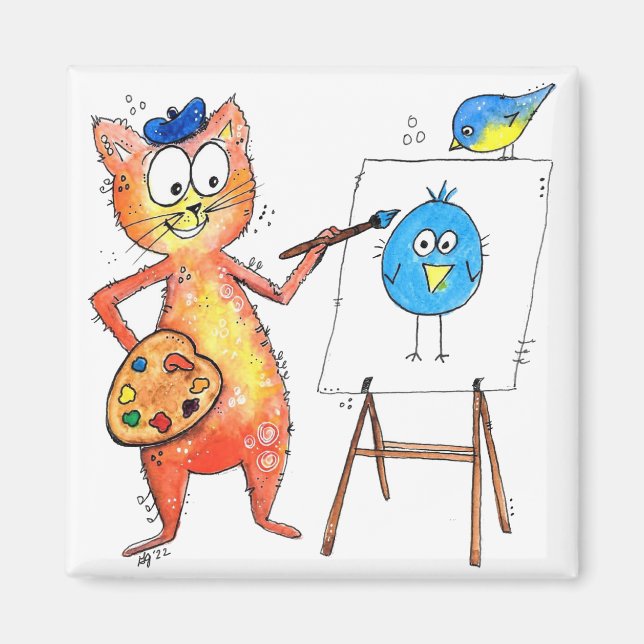 Whimsical Artist Cat Painting a Bird Magnet (Front)