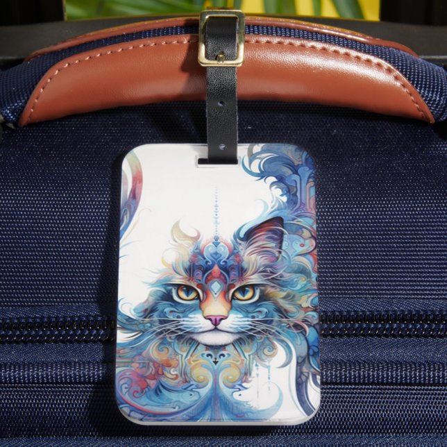 Whimsical, Artistic Psychedelic Cat Luggage Tag (Front Insitu 2)