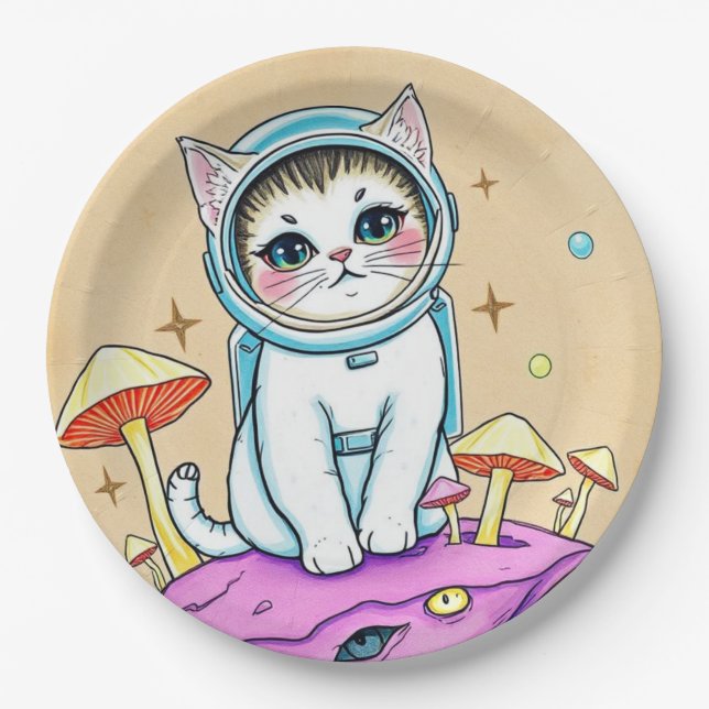 Whimsical Astronaut Cat Party Plates (Front)
