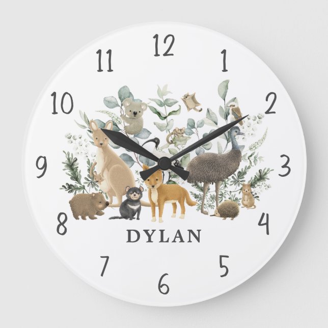 Whimsical Australian Animals Greenery Boy Nursery Large Clock (Front)