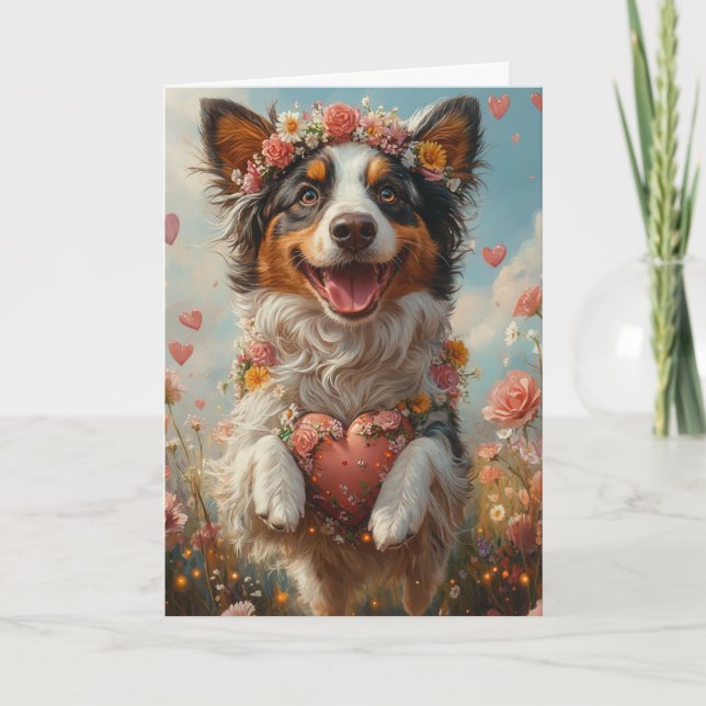 Whimsical Australian Shepherd Valentine's Day Card (Front)