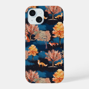 Whimsical Autumn Fox Night Forest Seamless Pattern iPhone 15 Case