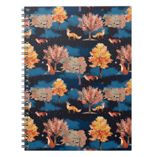 Whimsical Autumn Fox Night Forest Seamless Pattern Notebook