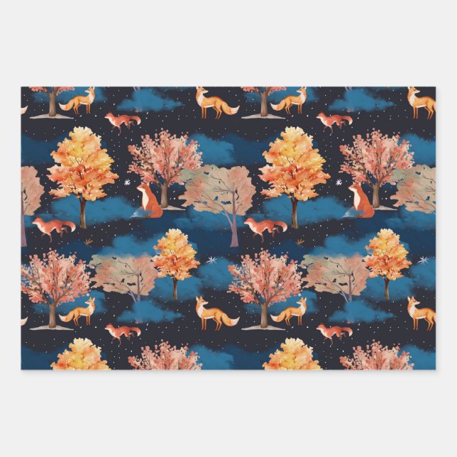 Whimsical Autumn Fox Night Forest Seamless Pattern Wrapping Paper Sheet (Front)