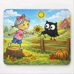 Whimsical Autumn Girl and Owl Mouse Mat
