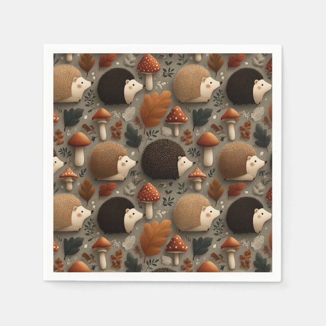 Whimsical Autumn Hedgehog & Mushroom Pattern Napkin (Front)