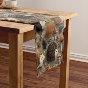 Whimsical Autumn Hedgehog & Mushroom Pattern Short Table Runner