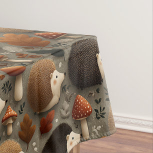 Whimsical Autumn Hedgehog & Mushroom Pattern Tablecloth