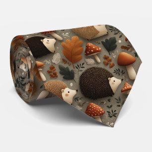 Whimsical Autumn Hedgehog & Mushroom Pattern Tie