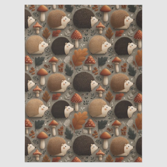 Whimsical Autumn Hedgehog & Mushroom Pattern Tissue Paper (Front)