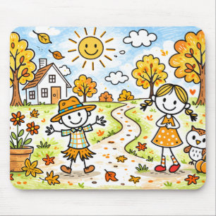 Whimsical Autumn Kids and Owl Mouse Mat