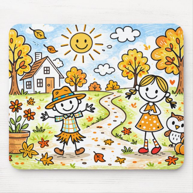 Whimsical Autumn Kids and Owl Mouse Mat (Front)