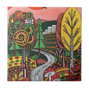 Whimsical Autumn Landscape Folk Art Doodling Ceram Tile