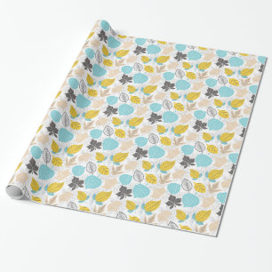 Whimsical Autumn Leaves Pattern   Blue and Yellow Wrapping Paper