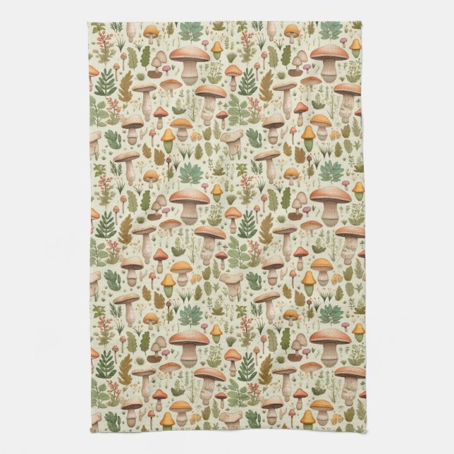 Whimsical Autumn Mushroom Forest Seamless Pattern Tea Towel (Vertical)