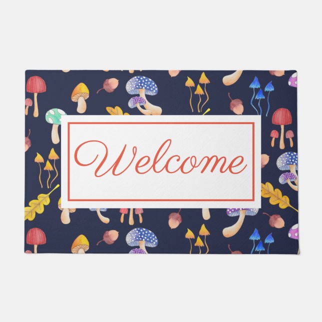 Whimsical Autumn Mushrooms Welcome Doormat (Front)