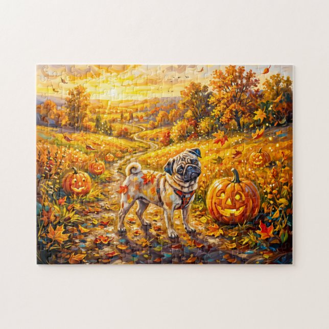 Whimsical Autumn Pumpkin Path Mops Illustration Jigsaw Puzzle (Horizontal)