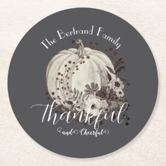 Whimsical Autumn Pumpkin Thanksgiving Monochrome Round Paper Coaster