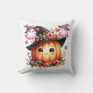 Whimsical Autumn Pumpkin Witch Design Cushion