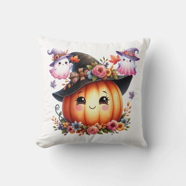 Whimsical Autumn Pumpkin Witch Design Cushion (Front)