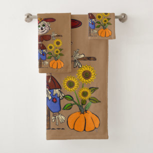 Whimsical Autumn Scarecrow And Sunflowers Bath Towel Set