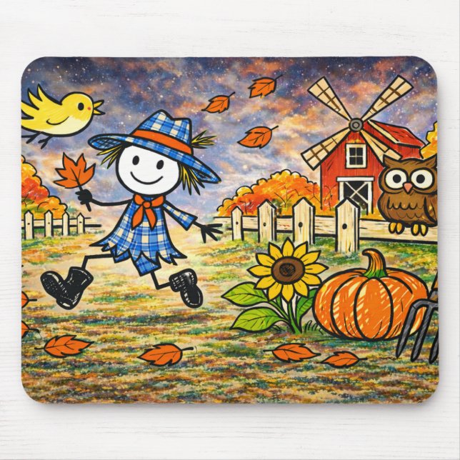 Whimsical Autumn Scarecrow Farm Mouse Mat (Front)