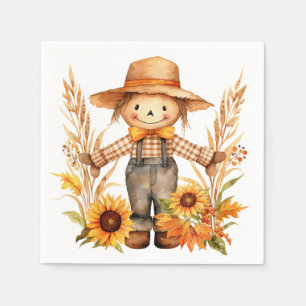 Whimsical Autumn Scarecrow, Sunflowers, Fall Leave Napkin
