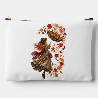 Whimsical Autumn Woman with Upside-Down Umbrella Accessory Pouch
