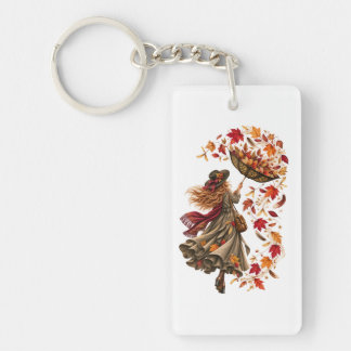 Whimsical Autumn Woman with Upside-Down Umbrella Key Ring