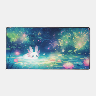 Whimsical Axolotl in Magical Glowing Lotus Flower  Desk Mat
