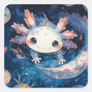 Whimsical Axolotl in Moonlit Waters Square Sticker
