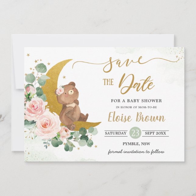 Whimsical Baby Bear Crescent Moon Blush Floral  Save The Date (Front)